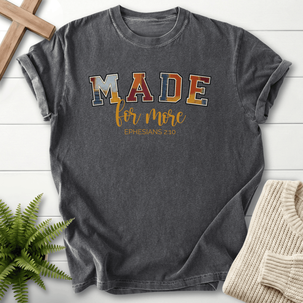 Pepper women's faith t-shirt with multicolored patchwork MADE letters, inspired by Ephesians 2:10.