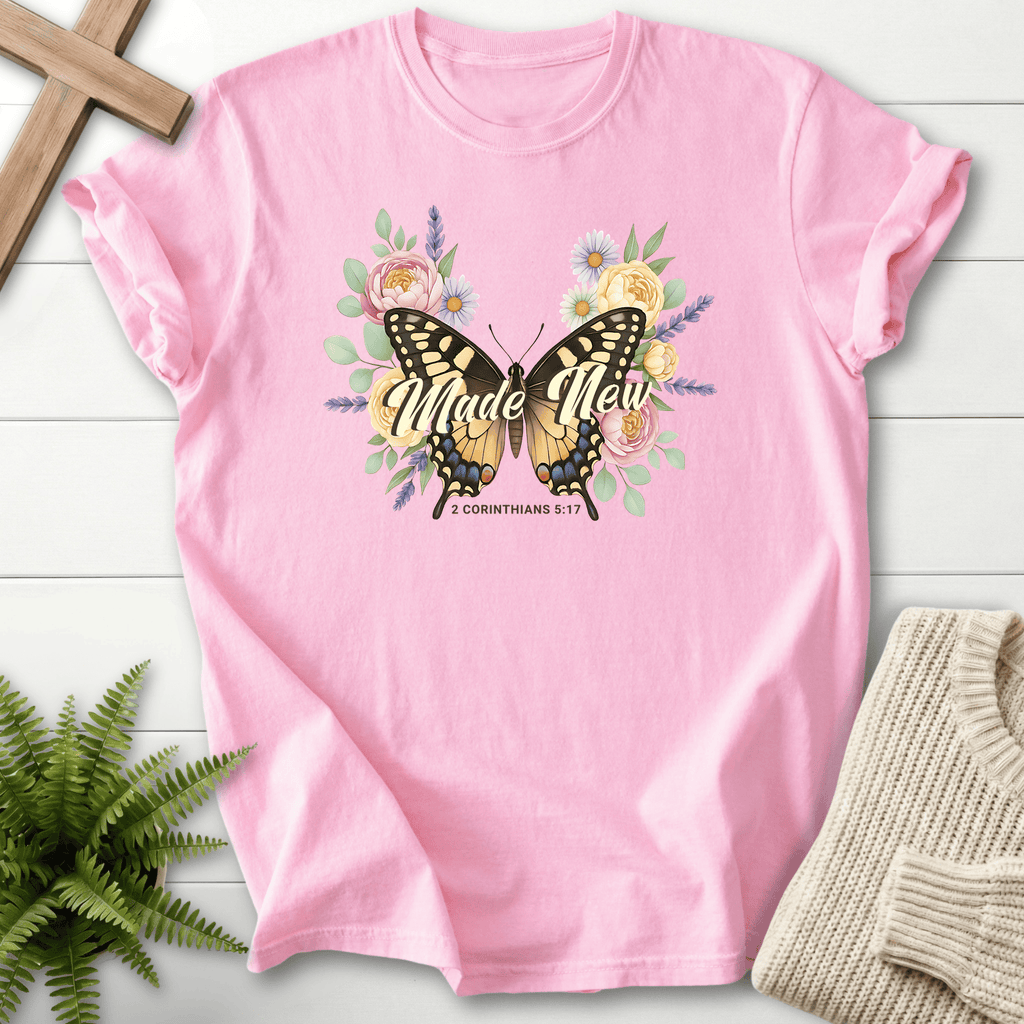 Blossom women's Christian t-shirt with swallowtail butterfly and rose floral art, inspired by 2 Corinthians 5:17.