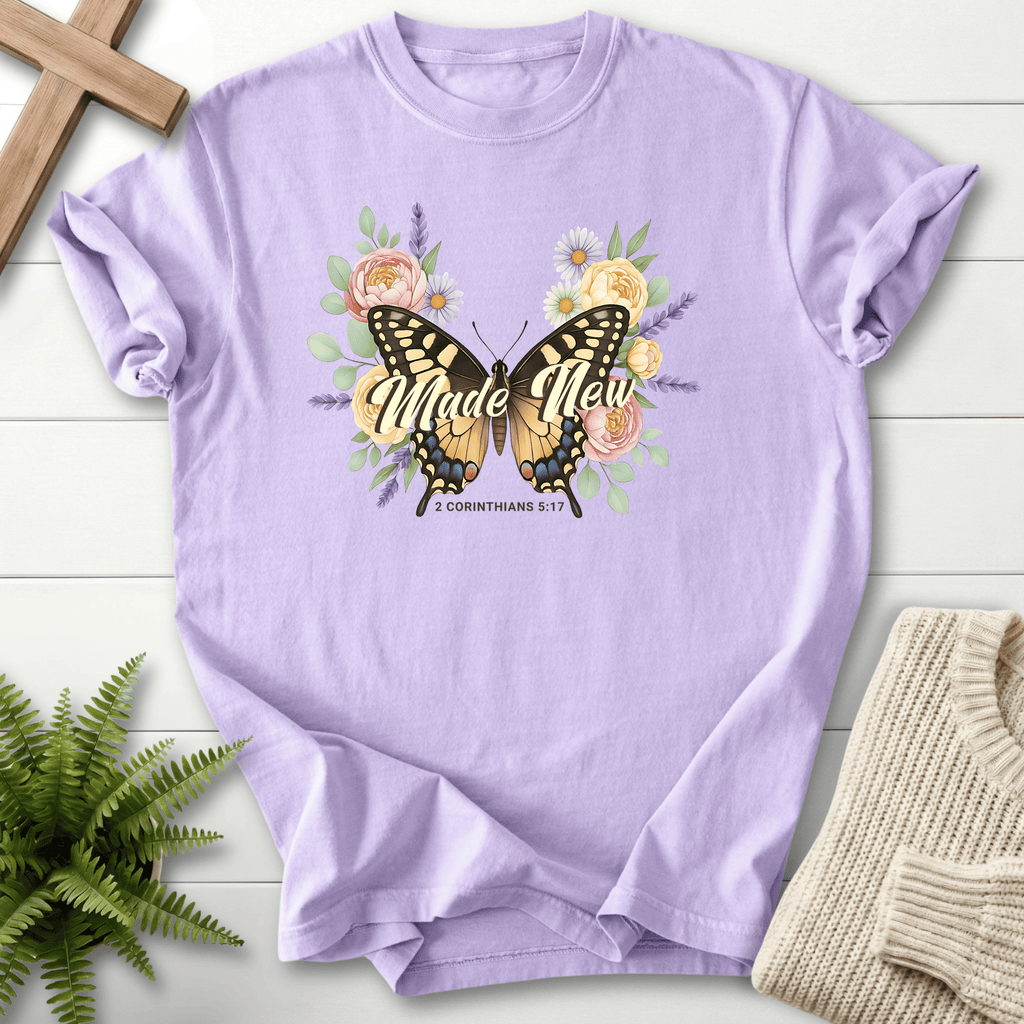 Orchid women's Christian t-shirt with swallowtail butterfly and floral wreath design, inspired by 2 Corinthians 5:17.