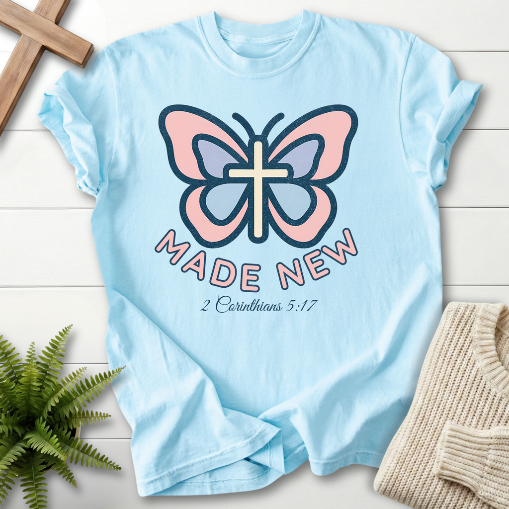 Chambray women's Scripture shirt with stylized butterfly cross illustration, inspired by 2 Corinthians 5:17.