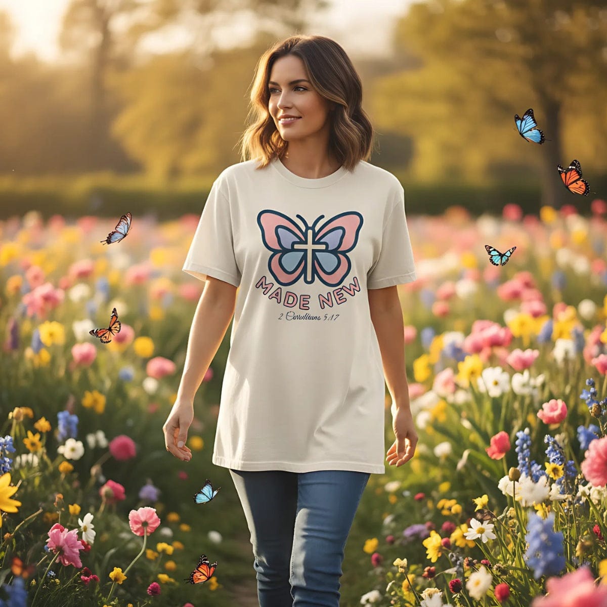 Christian women’s t-shirt featuring a pastel butterfly with a cross in the center and the words “Made New – 2 Corinthians 5:17”. Model wearing Comfort Colors 1717 ivory shirt in a flower field with butterflies, Christian apparel style.