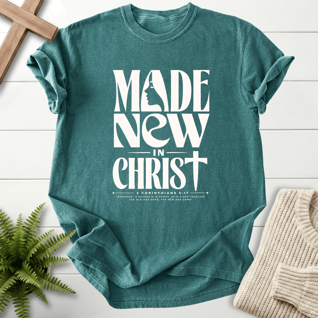 Made New in Christ Dark Graphic T-Shirt in Blue Spruce | She Wears Faith