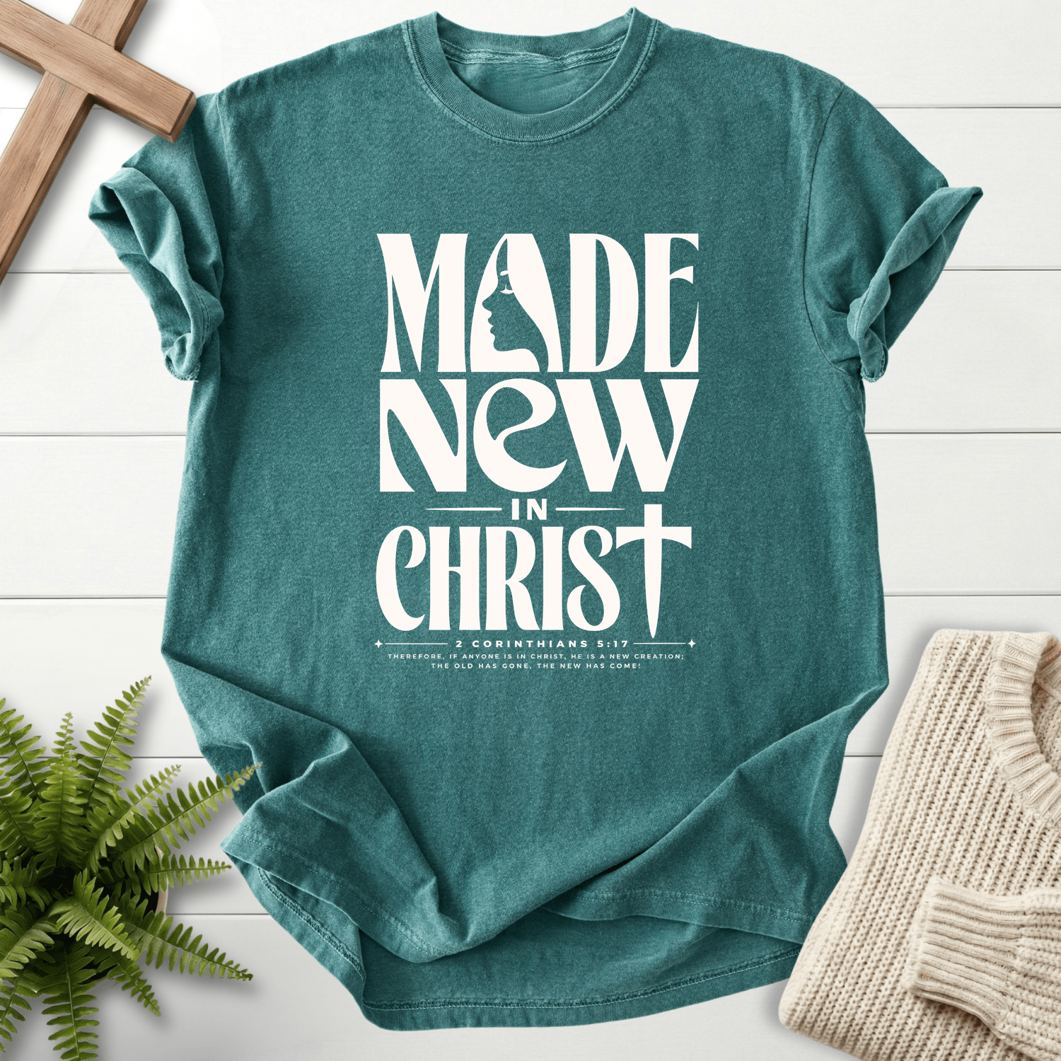 Made New in Christ Dark Graphic T-Shirt in Blue Spruce | She Wears Faith
