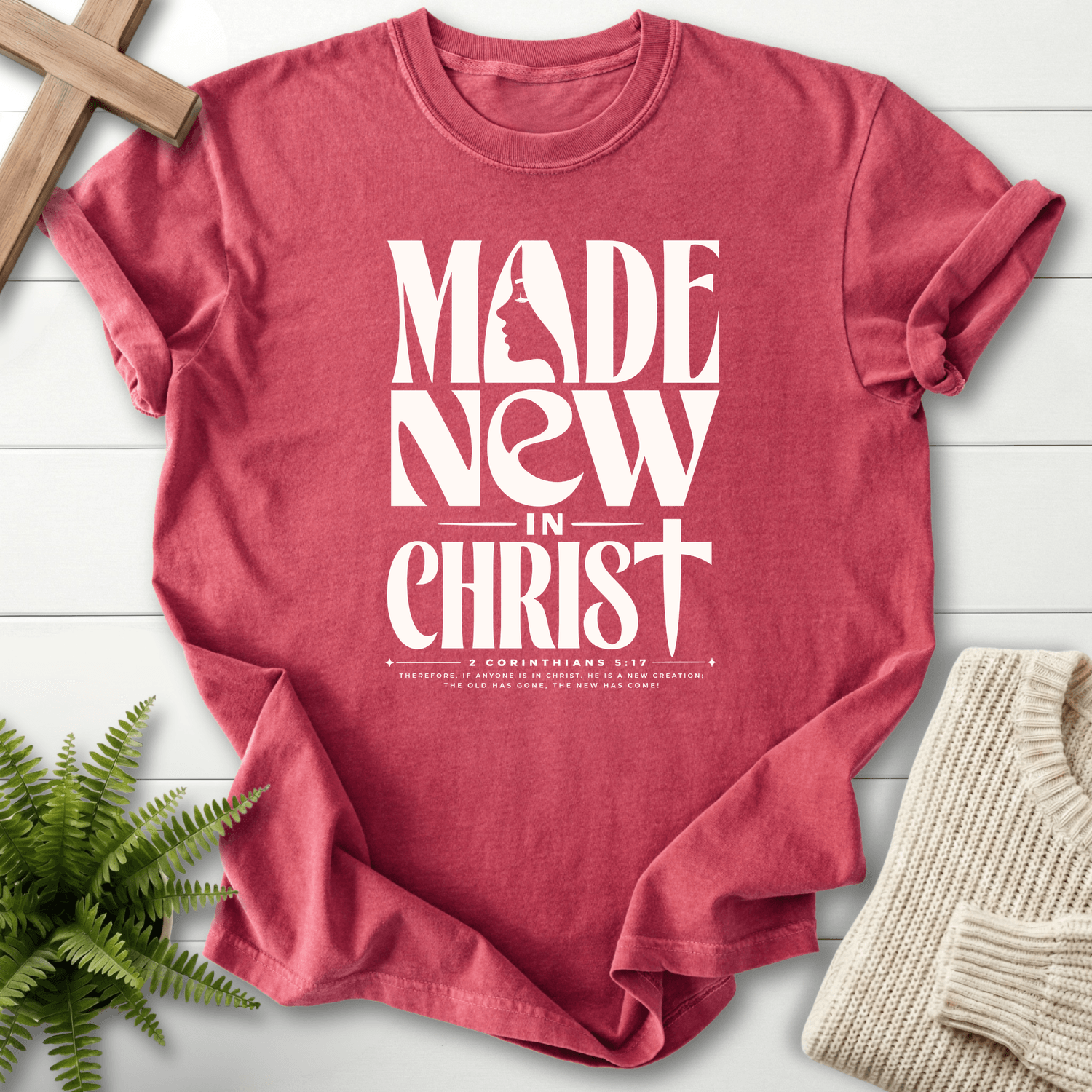 Made New in Christ Dark Graphic T-Shirt in Crimson | She Wears Faith
