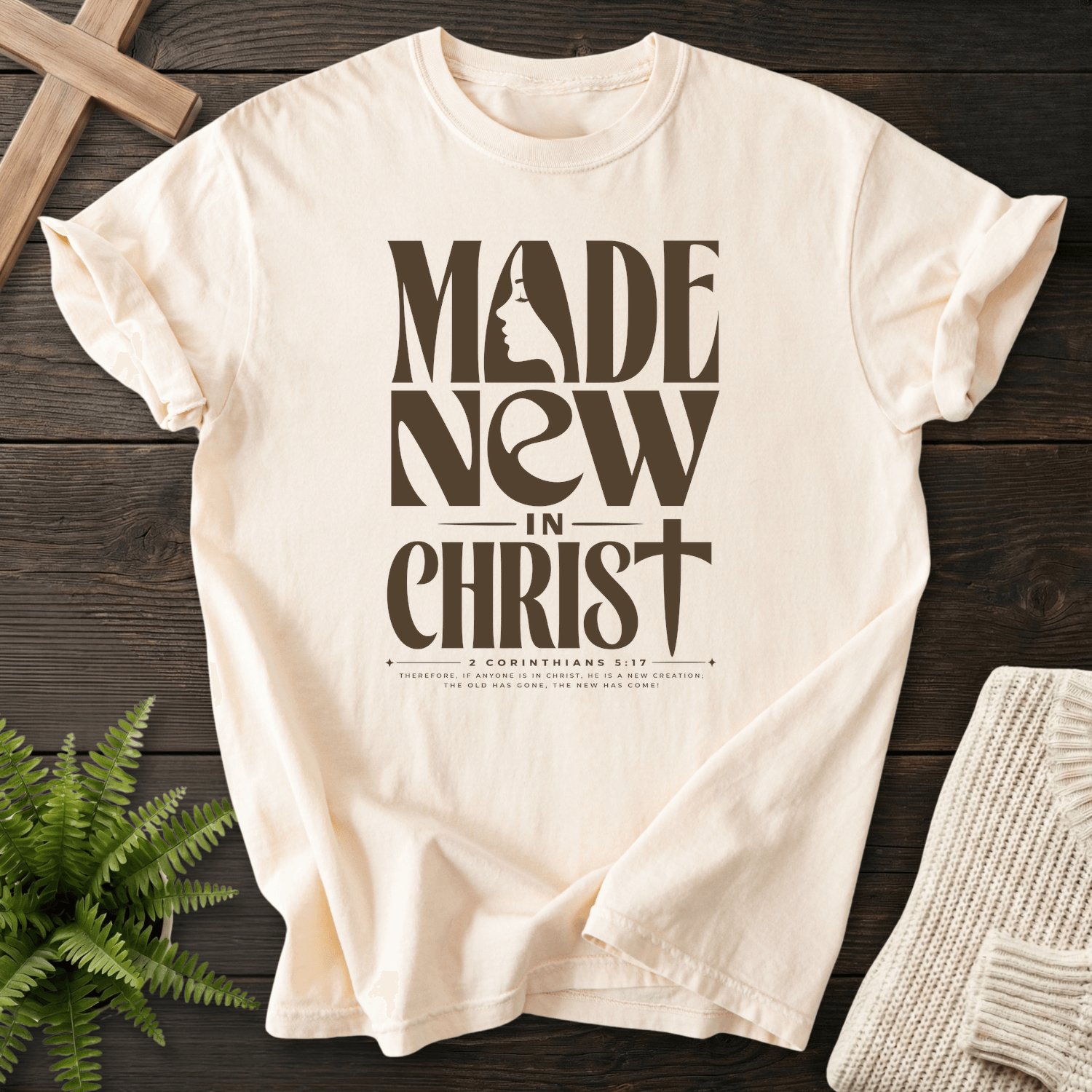Made New in Christ Dark Graphic T-Shirt in Ivory | She Wears Faith