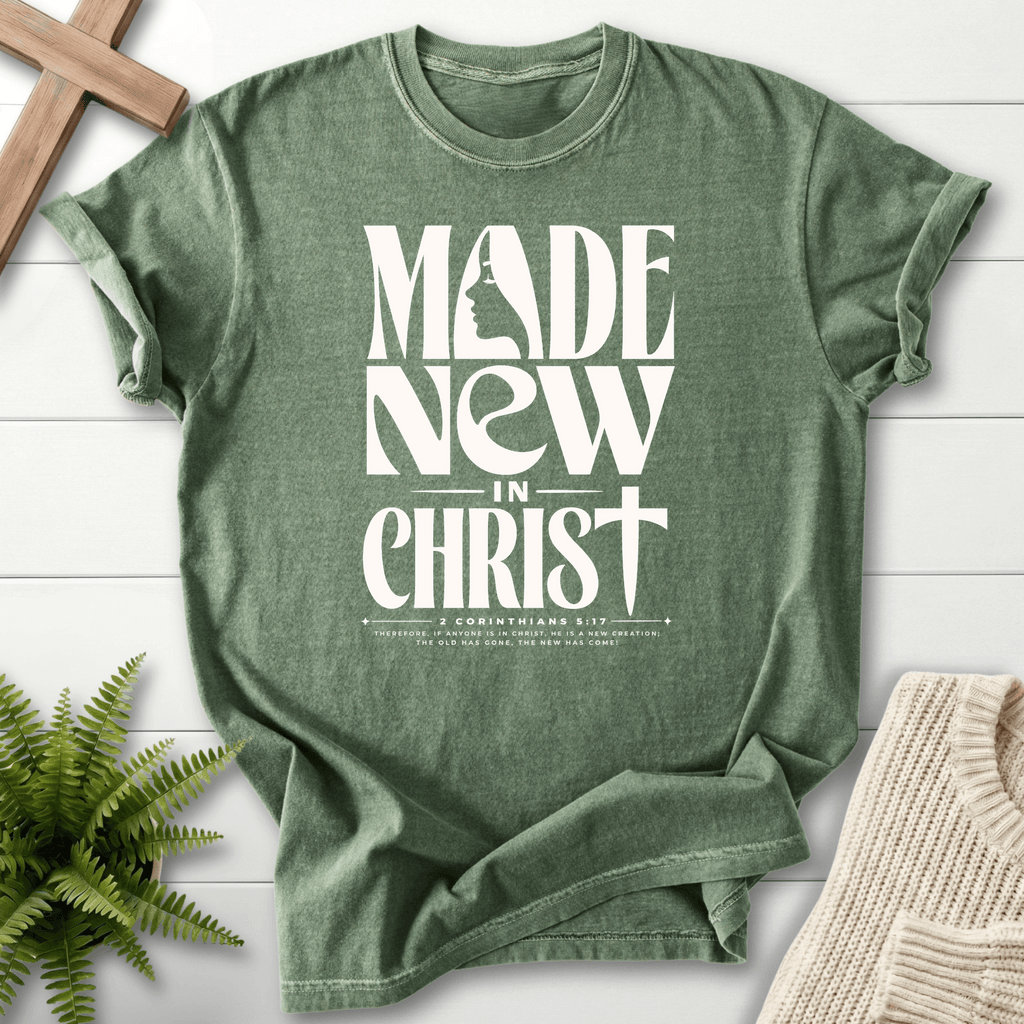 Made New in Christ Dark Graphic T-Shirt in Moss | She Wears Faith
