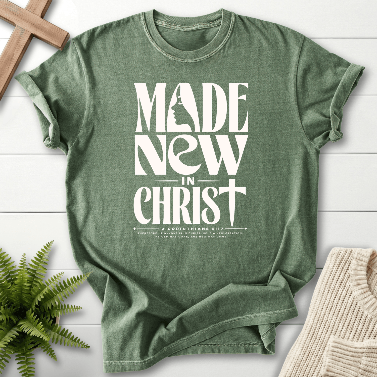 Made New in Christ Dark Graphic T-Shirt in Moss | She Wears Faith