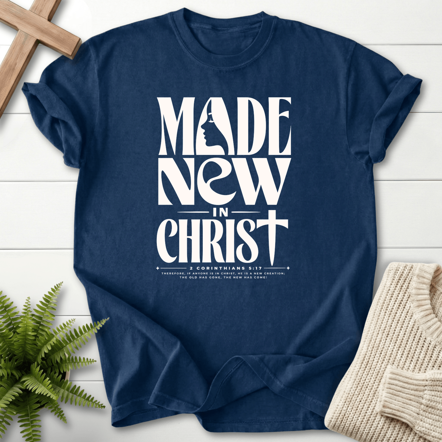 Made New in Christ Dark Graphic T-Shirt in Navy | She Wears Faith