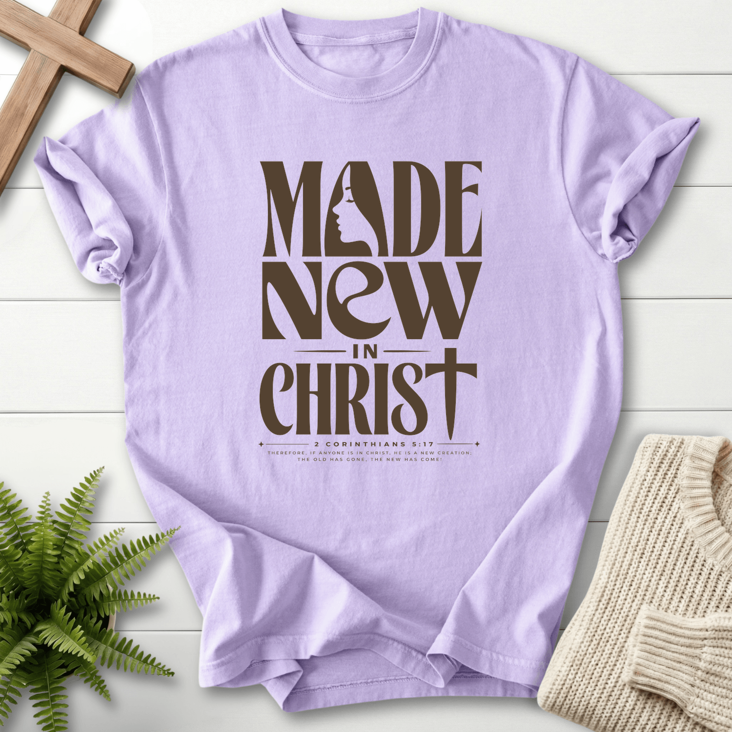 Made New in Christ Dark Graphic T-Shirt in Orchid | She Wears Faith