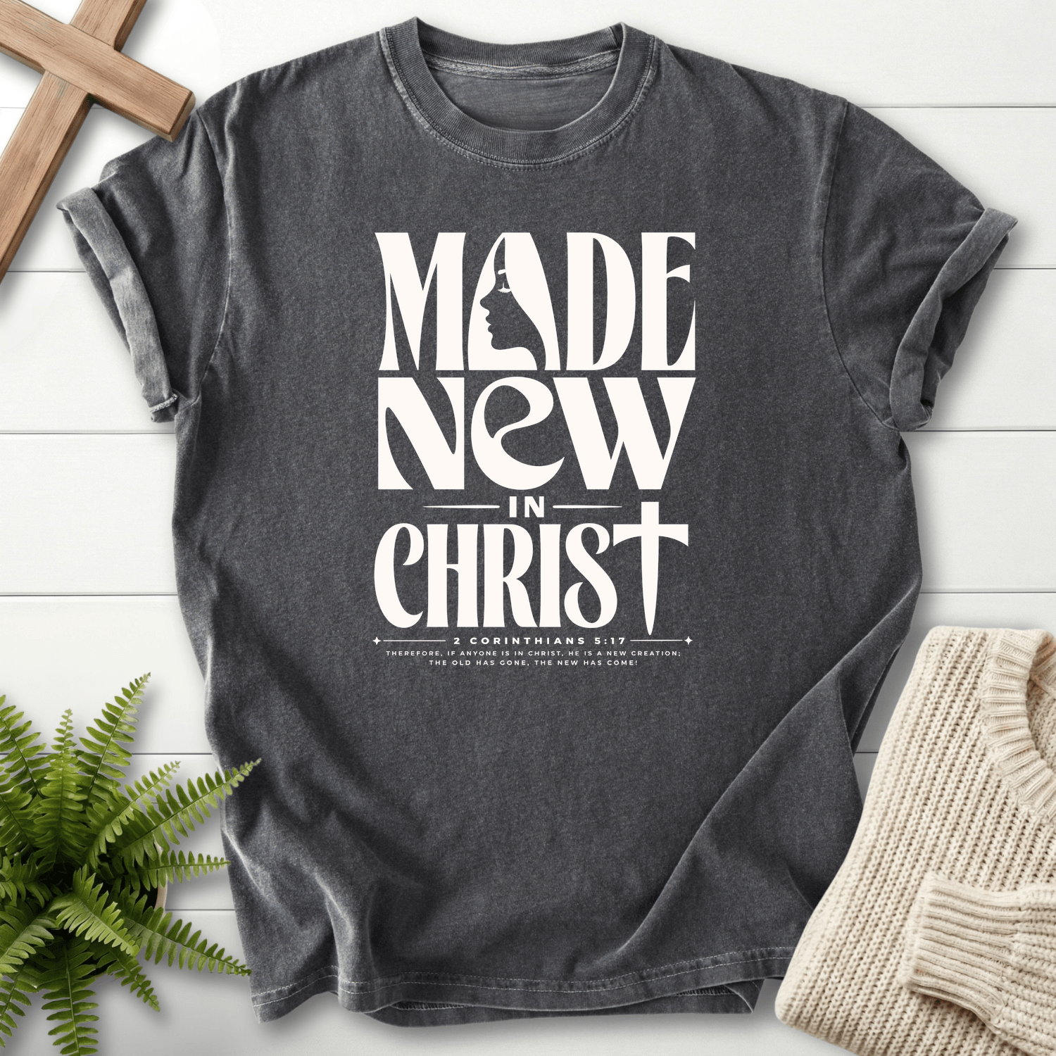 Made New in Christ Dark Graphic T-Shirt in Pepper | She Wears Faith