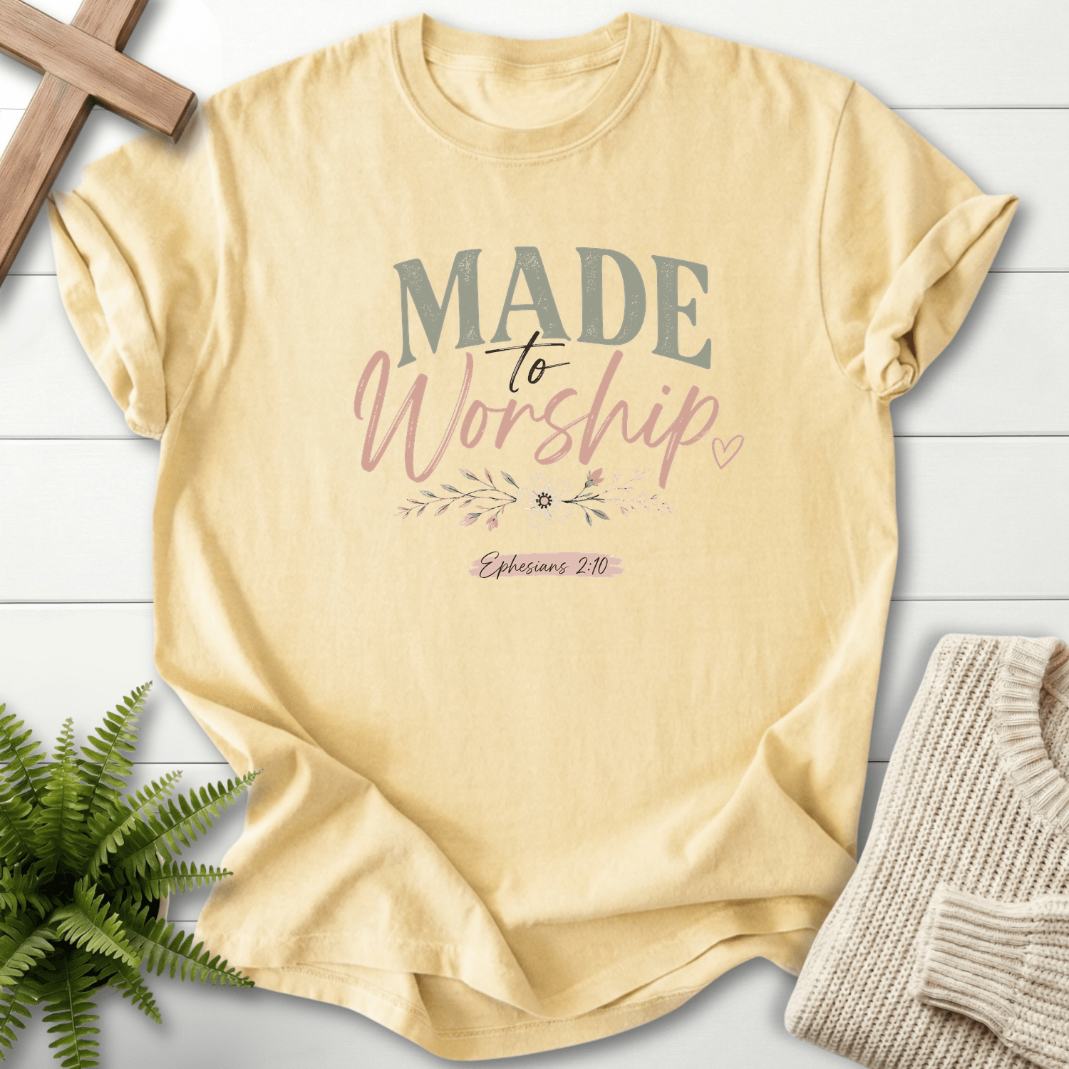 Made to Worship Ephesians 2 10 Graphic T-Shirt in Banana | She Wears Faith