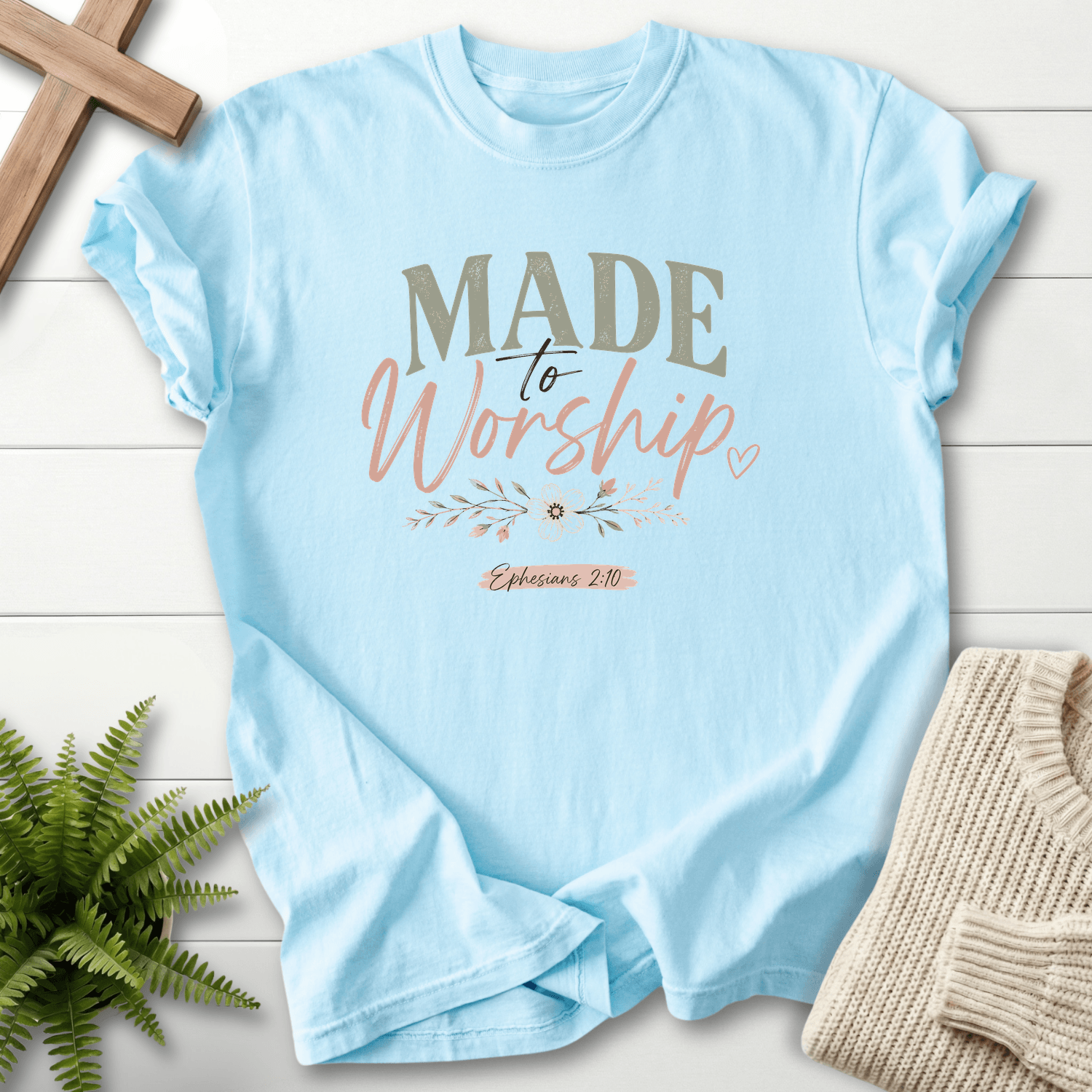Made to Worship Ephesians 2 10 Graphic T-Shirt in Chambray | She Wears Faith
