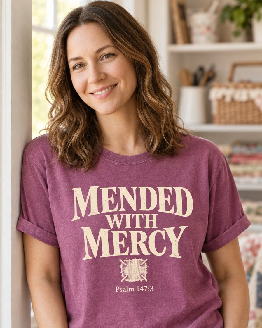 Mended with Mercy, Berry women's Christian tee, lifestyle photo in cozy living room, Distressed Mended With Mercy lettering with a stitched patch, Psalm 147:3, She Wears Faith.
