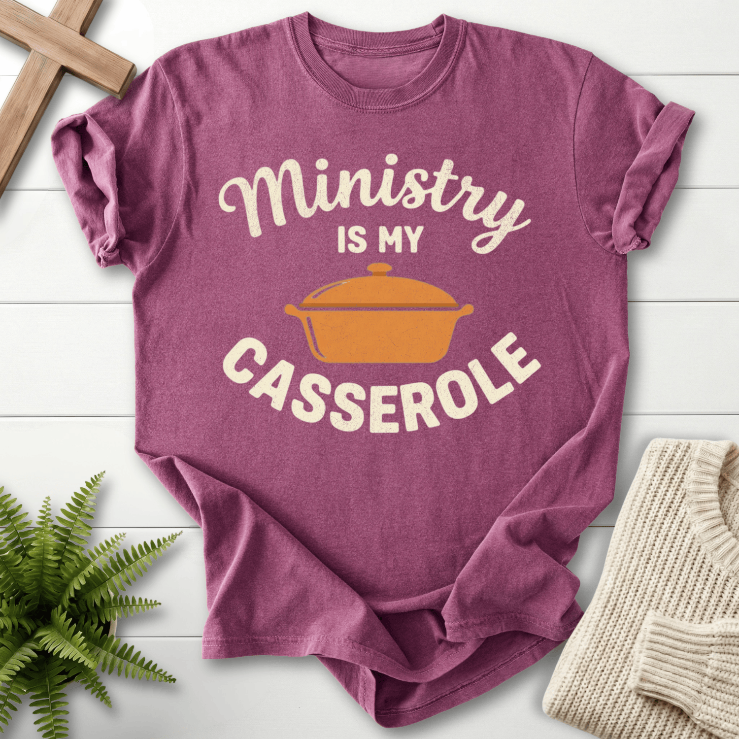 Berry women's faith t-shirt with fun kitchen illustration and cozy ministry theme.
