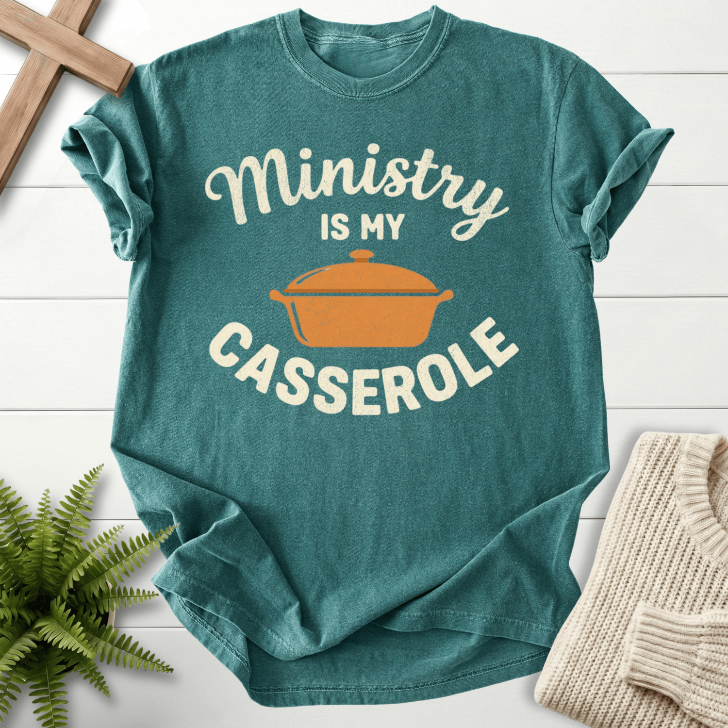 Blue Spruce women's Christian t-shirt with retro casserole dish graphic and Ministry is My Casserole lettering.