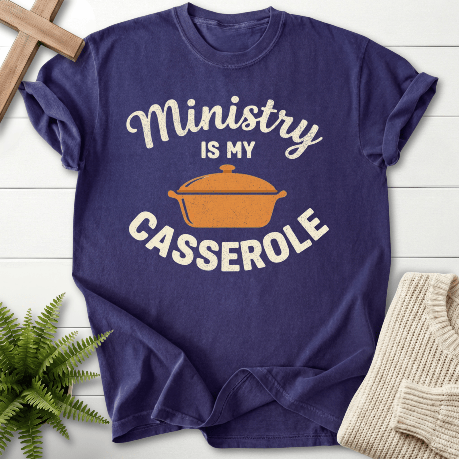 Grape women's Christian t-shirt with retro casserole dish design and She Wears Faith.