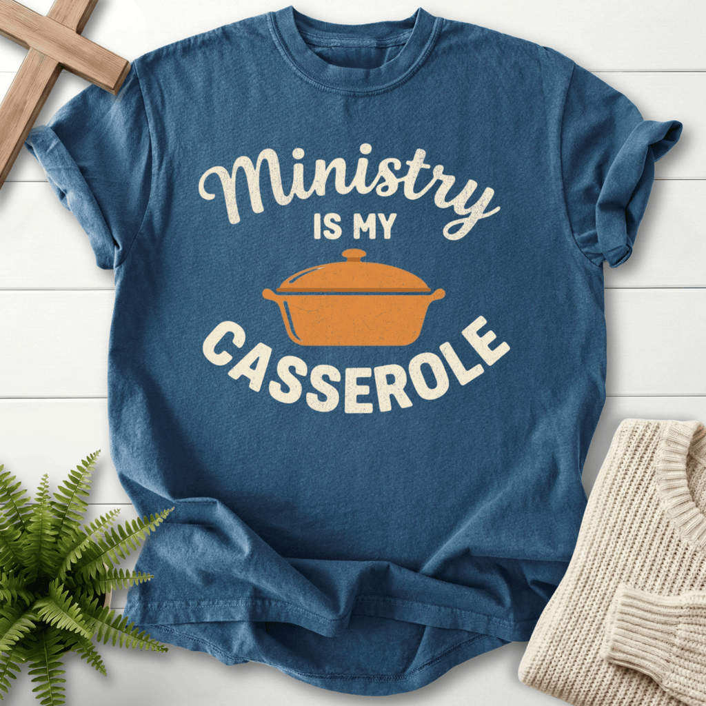 Midnight women's faith t-shirt with illustrated casserole dish and Ministry is My Casserole wording.