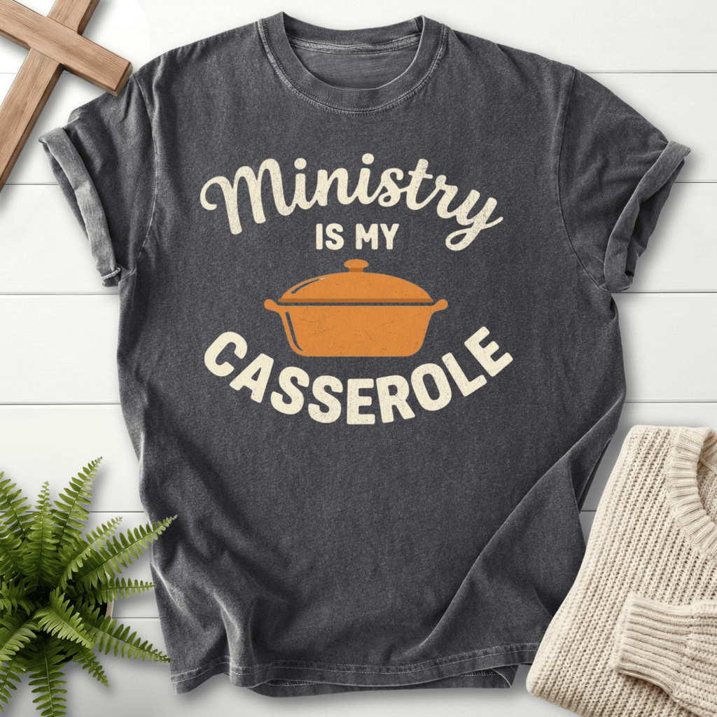 Pepper garment-dyed Christian t-shirt with script lettering and casserole graphic, Comfort Colors 1717.