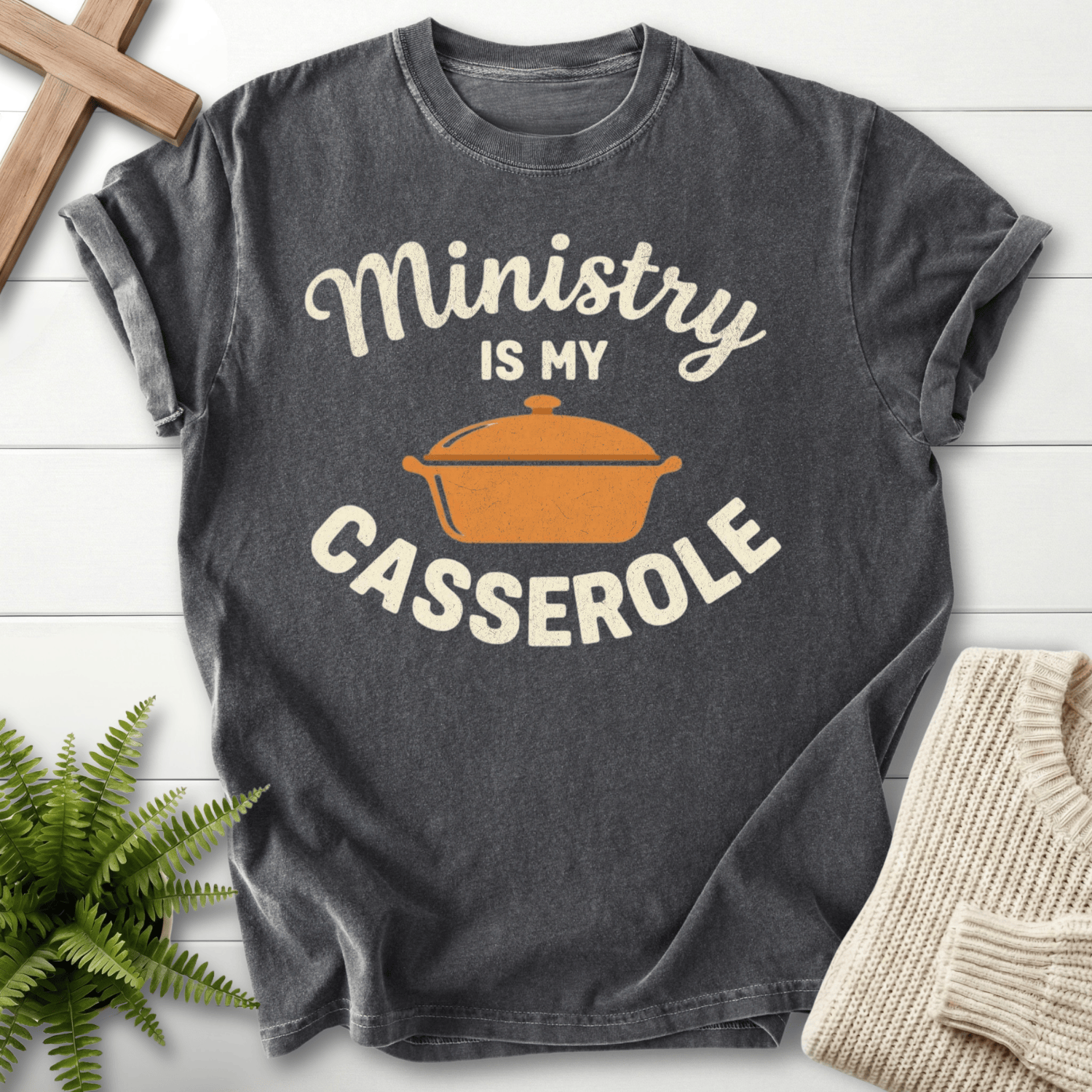 Pepper garment-dyed Christian t-shirt with script lettering and casserole graphic, Comfort Colors 1717.