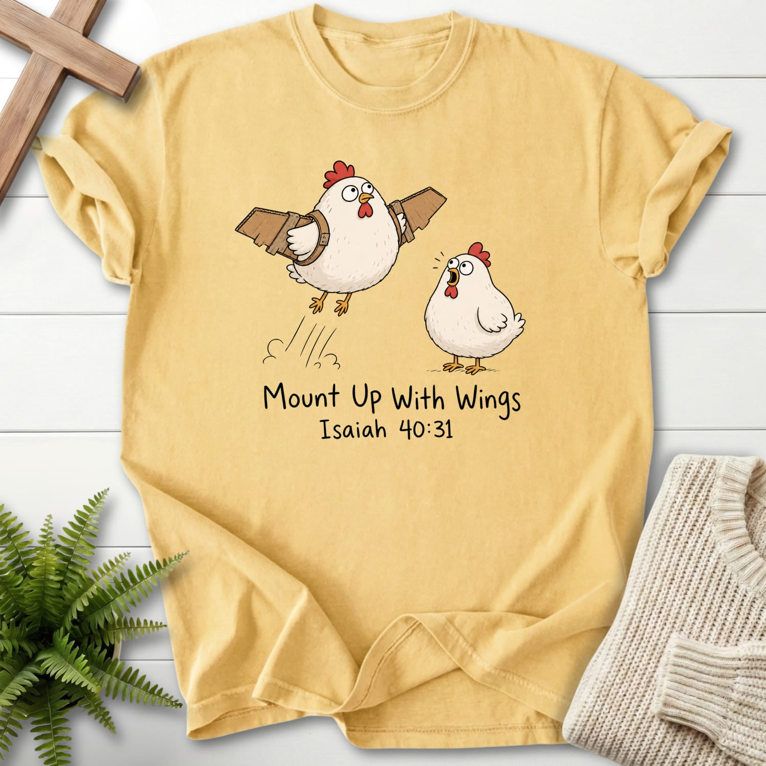 Butter color option for the Mount Up With Wings Isaiah 40 31 Christian shirt with "Mount Up With Wings Isaiah 40:31 T-Shirt" Isaiah 40:31.