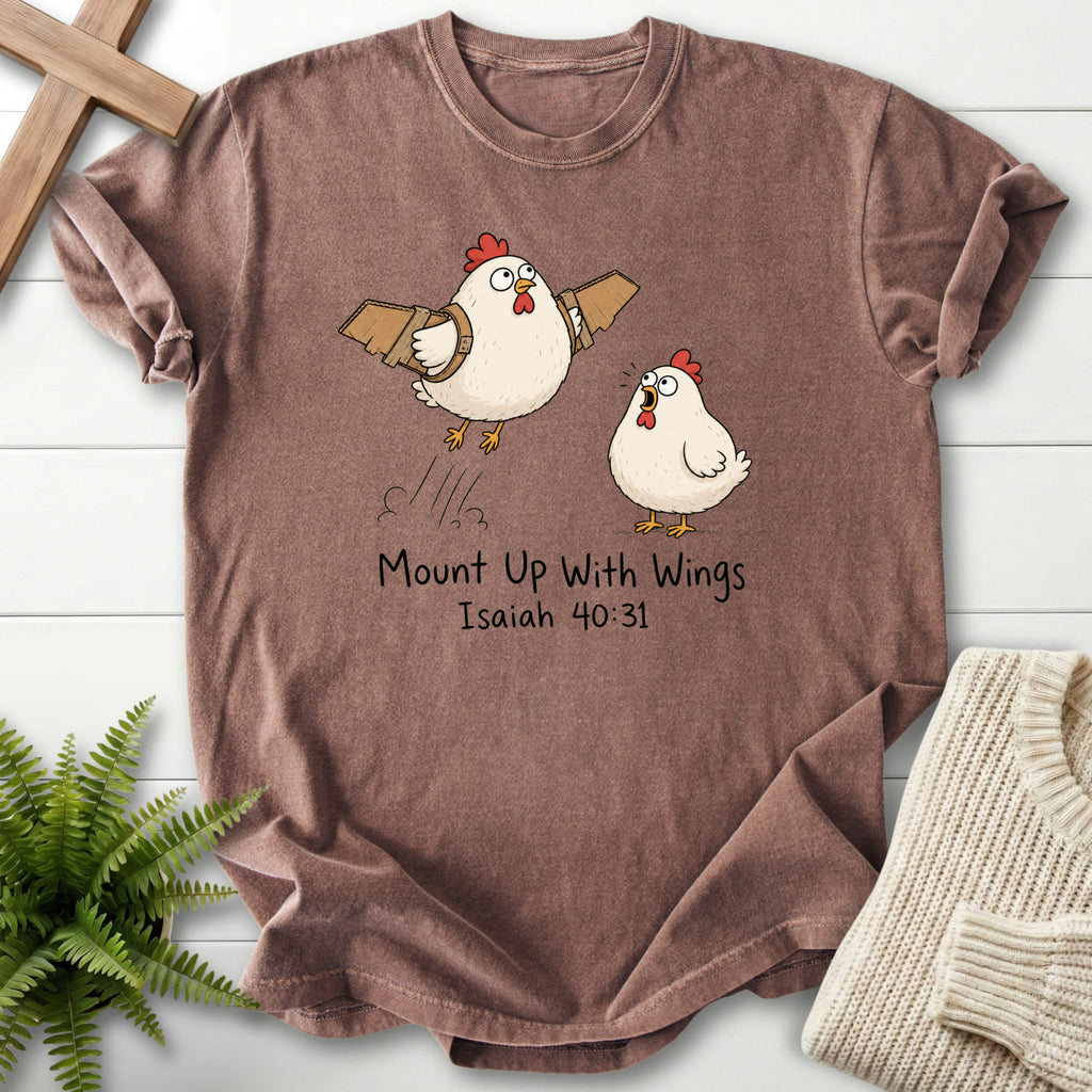 Flatlay of an Espresso faith-based tee with "Mount Up With Wings Isaiah 40:31 T-Shirt" Isaiah 40:31.