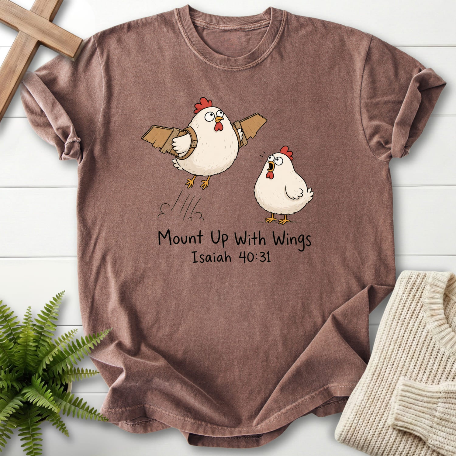Flatlay of an Espresso faith-based tee with "Mount Up With Wings Isaiah 40:31 T-Shirt" Isaiah 40:31.