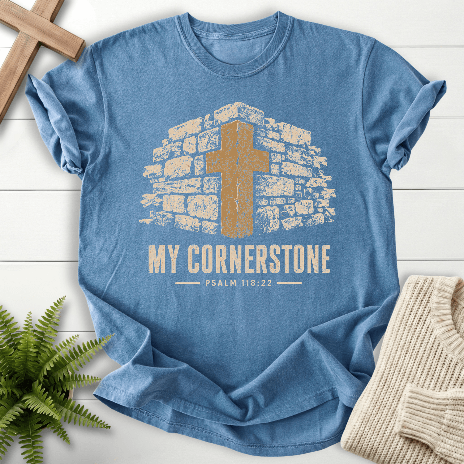 My Cornerstone Ps 118 22 T-Shirt in Blue Jean | She Wears Faith