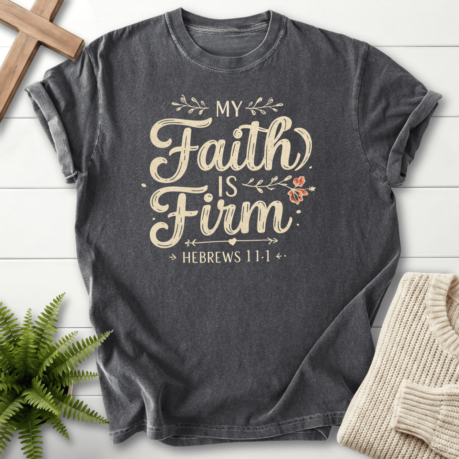Pepper grey women's faith t-shirt with 'My Faith is Firm' calligraphy and vine florals, inspired by Hebrews 11:1.