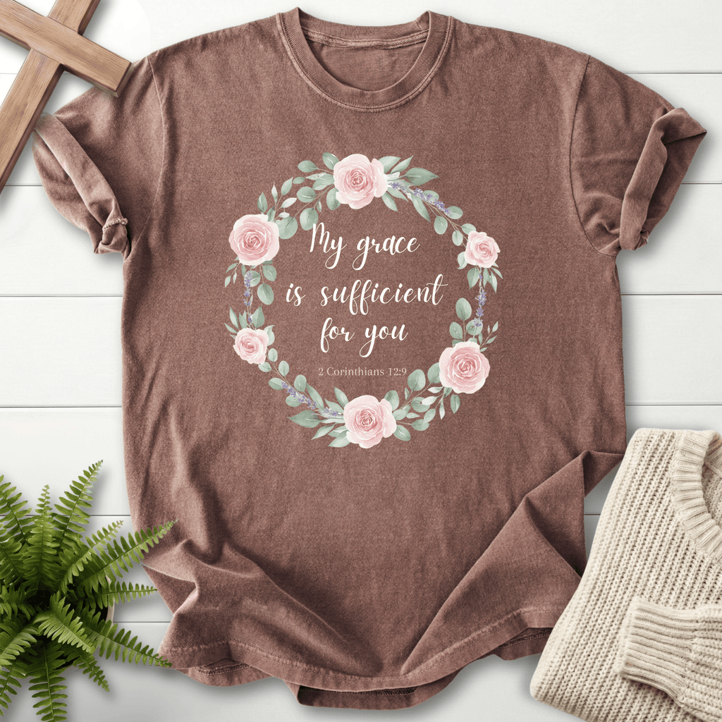 Espresso women's faith t-shirt with watercolor rose wreath and 'My grace is sufficient for you' script, inspired by 2 Corinthians 12:9.