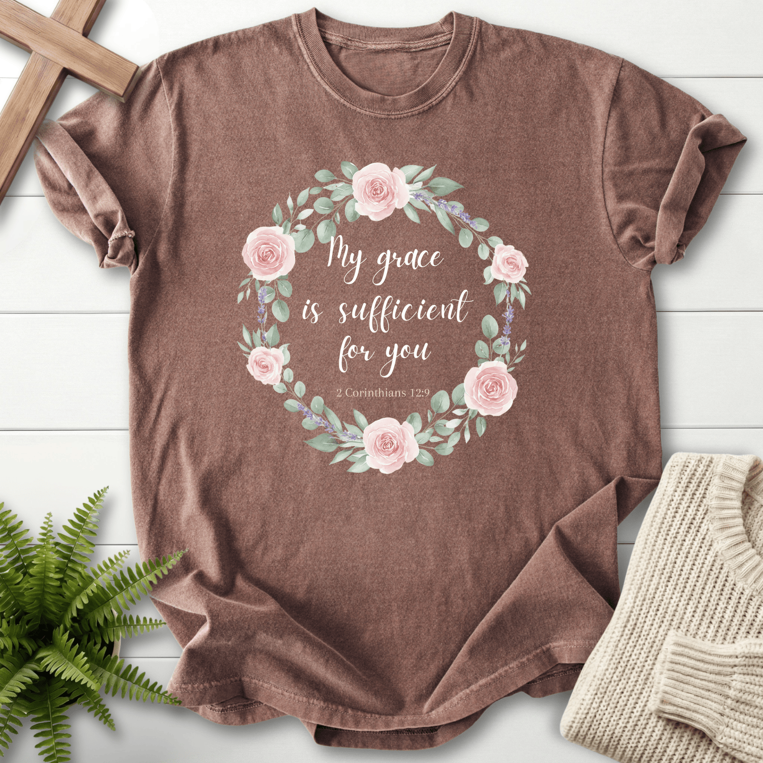 Espresso women's faith t-shirt with watercolor rose wreath and 'My grace is sufficient for you' script, inspired by 2 Corinthians 12:9.