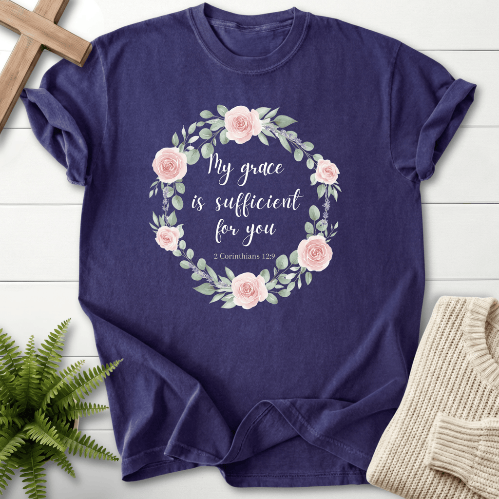 Grape women's Christian t-shirt with pink rose floral wreath and grace Scripture verse, inspired by 2 Corinthians 12:9.