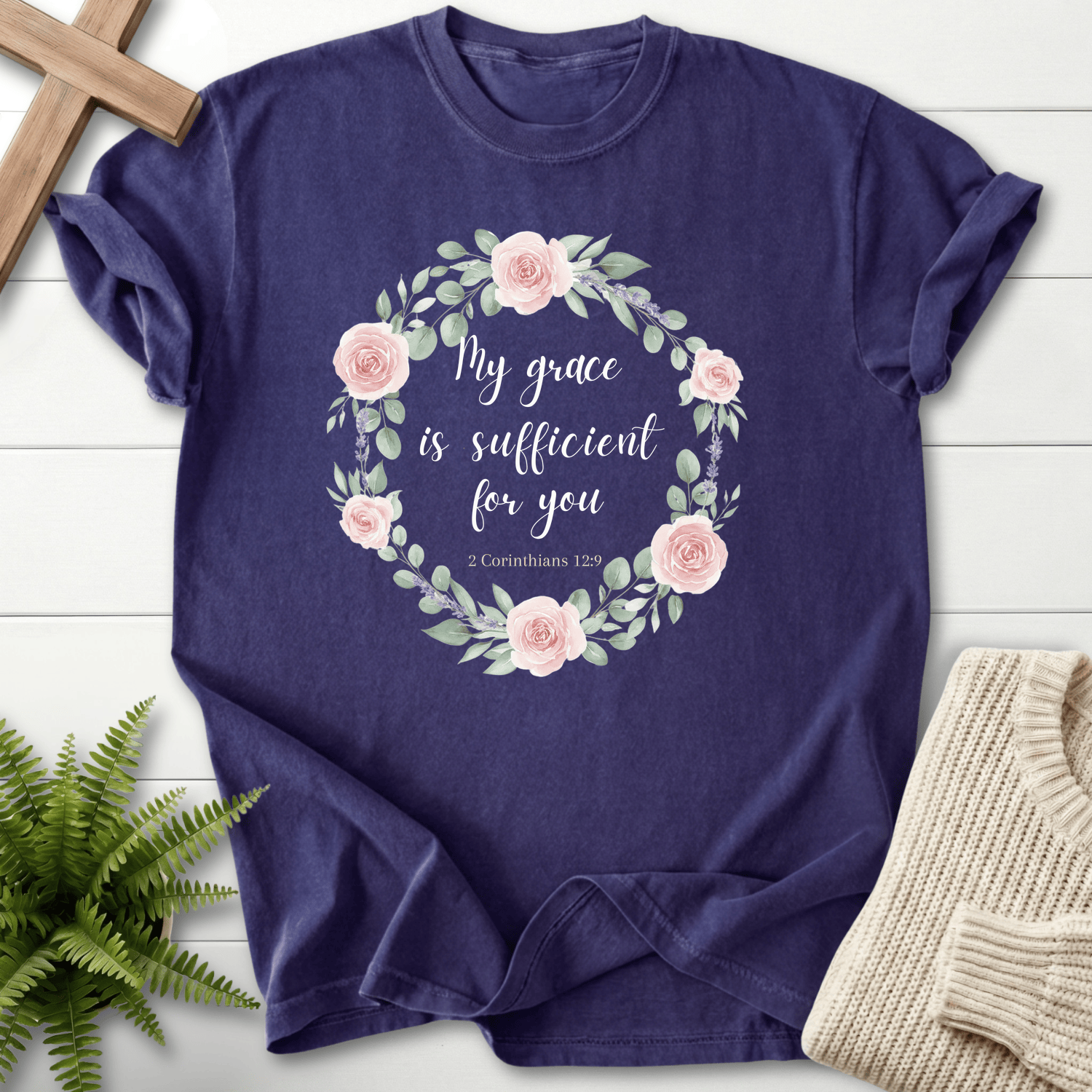 Grape women's Christian t-shirt with pink rose floral wreath and grace Scripture verse, inspired by 2 Corinthians 12:9.