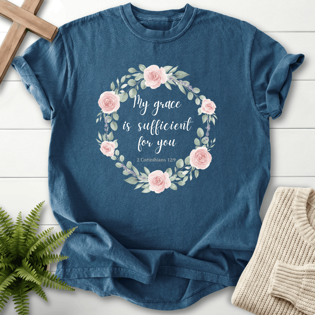 Midnight women's faith t-shirt with blush rose wreath and 'My grace is sufficient for you', inspired by 2 Corinthians 12:9.