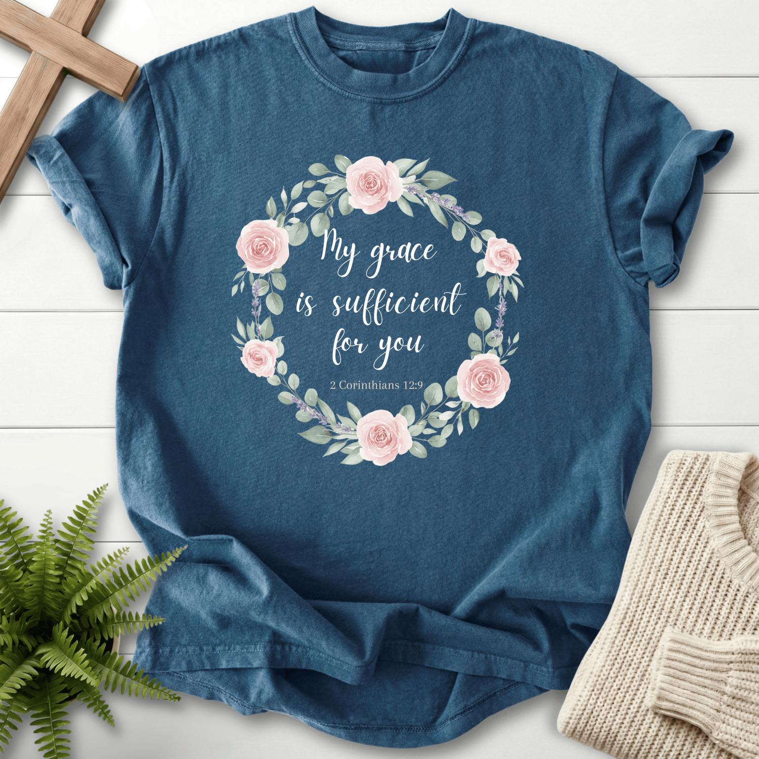 Midnight women's faith t-shirt with blush rose wreath and 'My grace is sufficient for you', inspired by 2 Corinthians 12:9.
