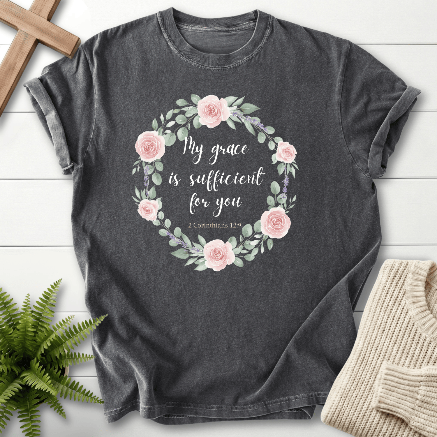 Pepper grey women's Christian t-shirt with watercolor rose wreath surrounding 'My grace is sufficient for you', inspired by 2 Corinthians 12:9.