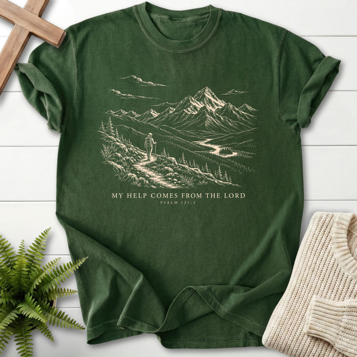 Hemp color option for the My Help Comes from the Lord women's Christian tee with mountain graphic with "My Help Comes from the Lord T-Shirt".