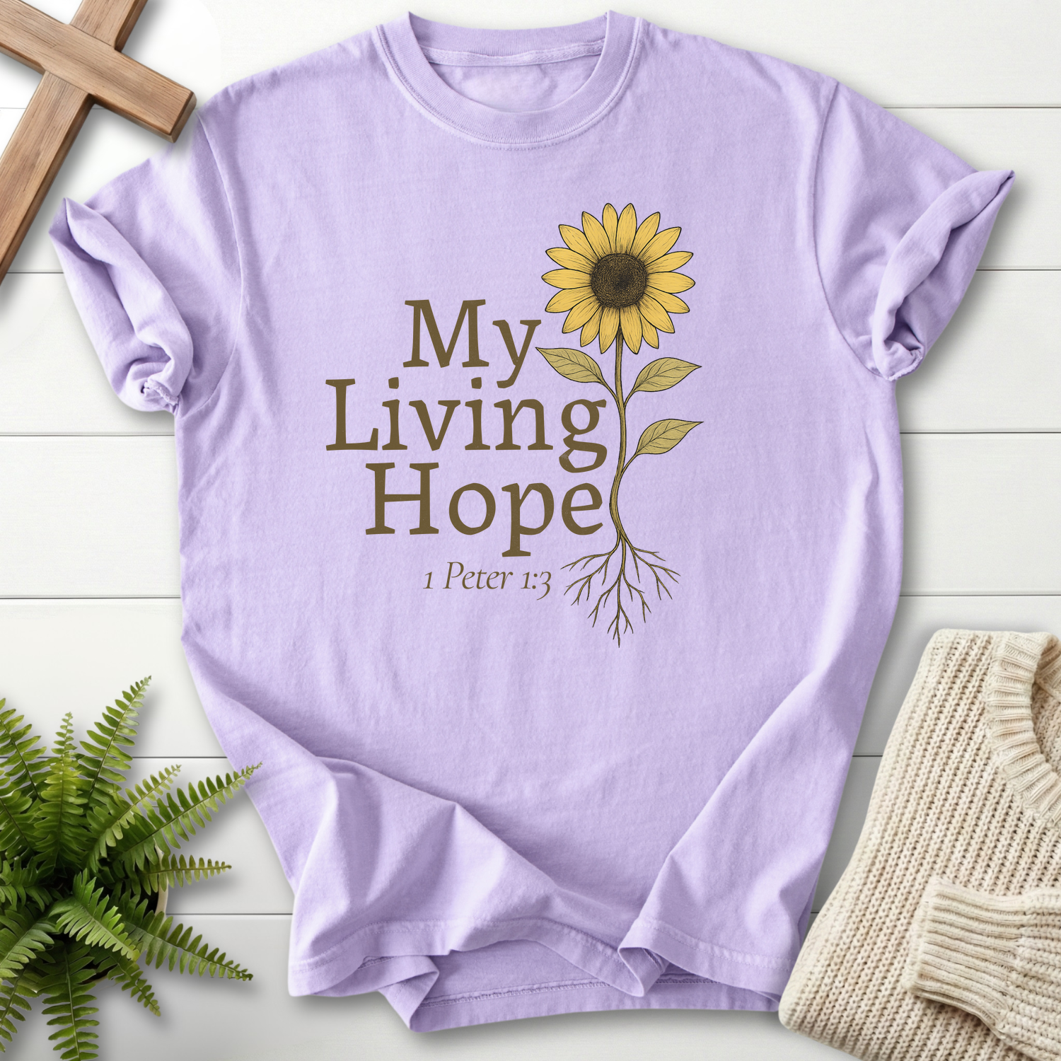 Orchid women's faith t-shirt with rooted sunflower illustration and 'My Living Hope', inspired by 1 Peter 1:3.