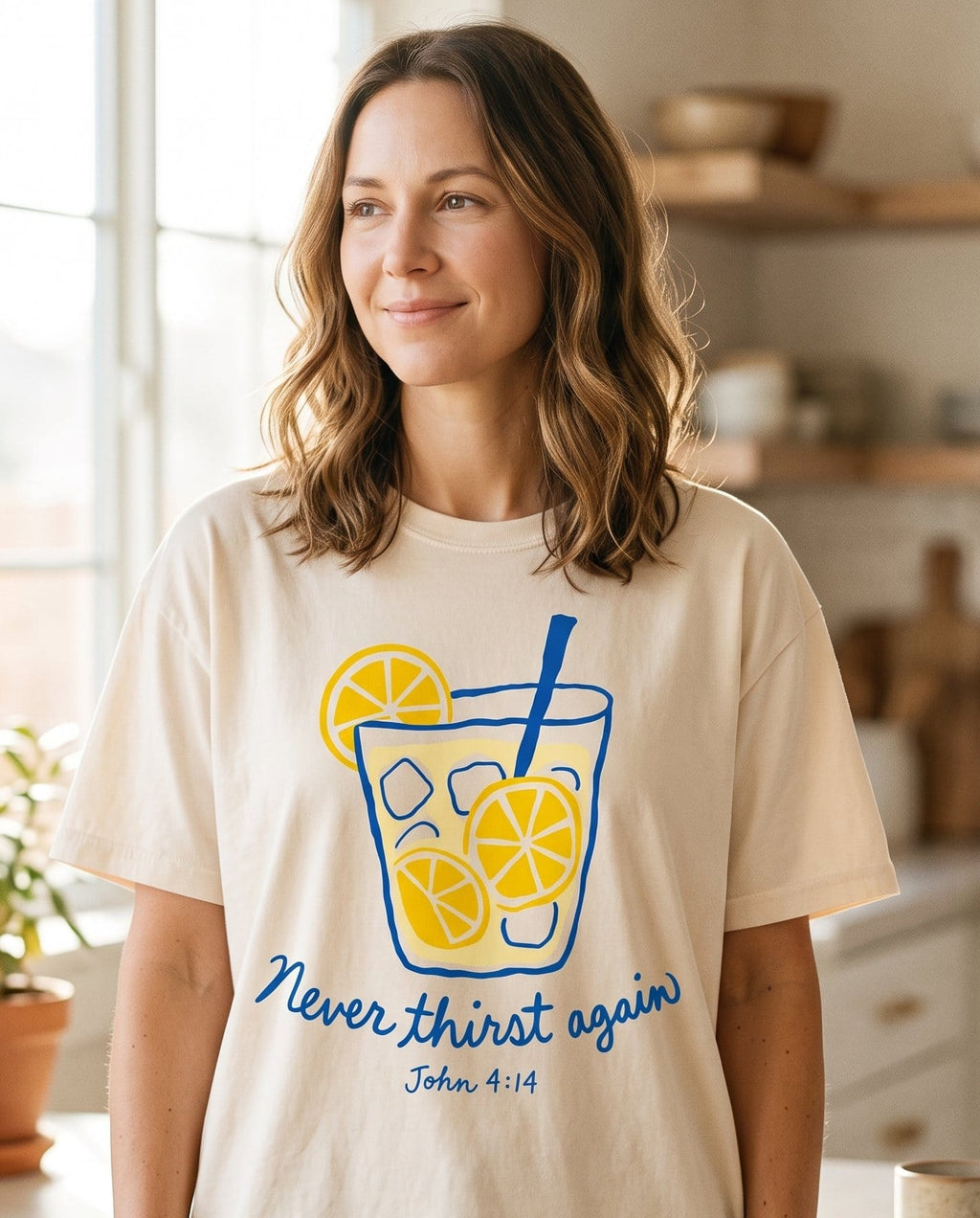 Never Thirst Again – Ivory women's Christian tee, lifestyle photo in morning kitchen setting – Hand-drawn glass of lemonade with ice and a straw – John 4:14 – She Wears Faith