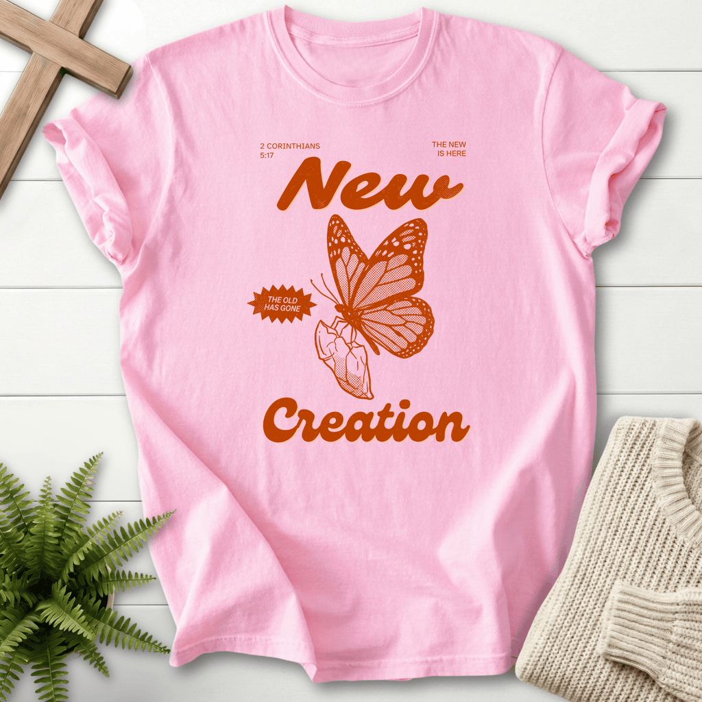 Blossom women's Christian t-shirt with bold butterfly and 'New Creation' poster design, inspired by 2 Corinthians 5:17.