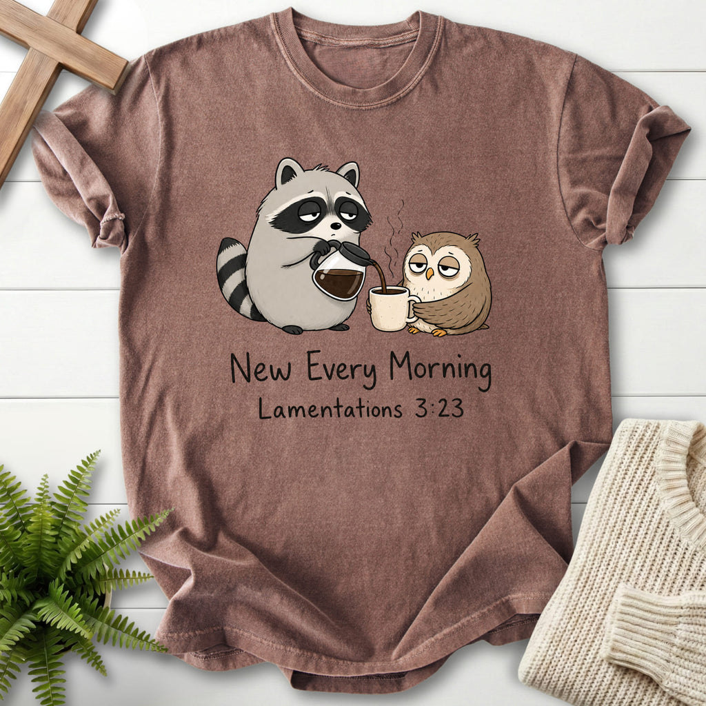 Espresso color option for the New Every Morning Raccoon Owl Scripture shirt with "New Every Morning Raccoon Owl T-Shirt" Lamentations 3:23.