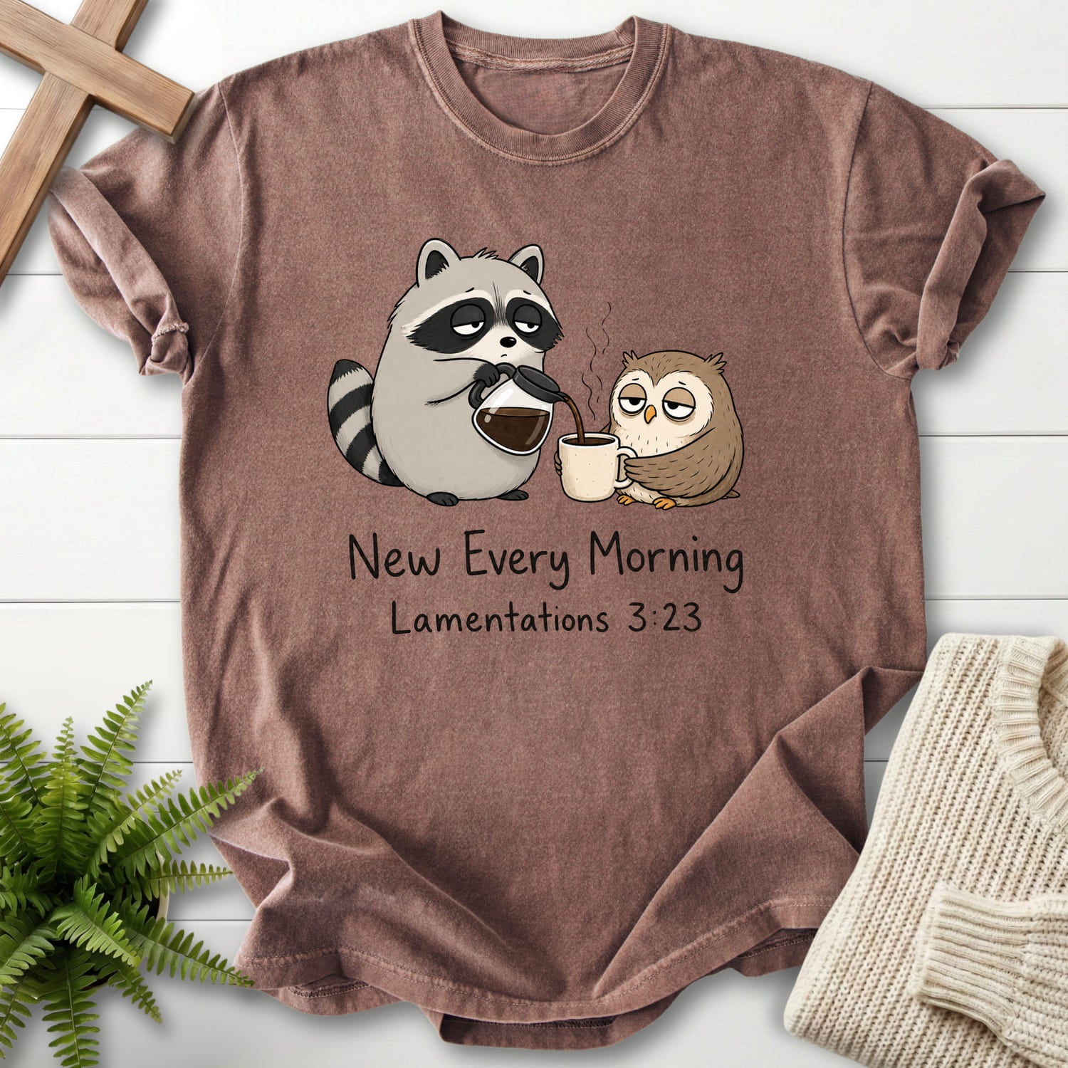 Espresso color option for the New Every Morning Raccoon Owl Scripture shirt with "New Every Morning Raccoon Owl T-Shirt" Lamentations 3:23.
