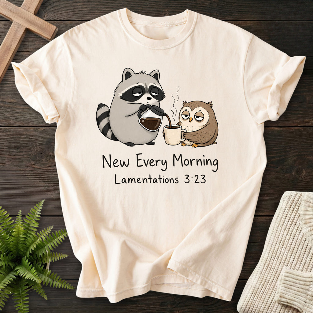 Ivory color option for the New Every Morning Raccoon Owl tee with "New Every Morning Raccoon Owl T-Shirt" Lamentations 3:23 from Printify.