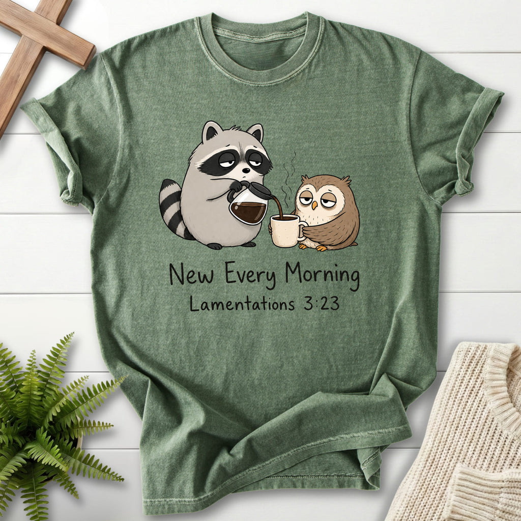 Moss color option for the New Every Morning Raccoon Owl garment-dyed Christian tee with "New Every Morning Raccoon Owl T-Shirt" Lamentations 3:23.