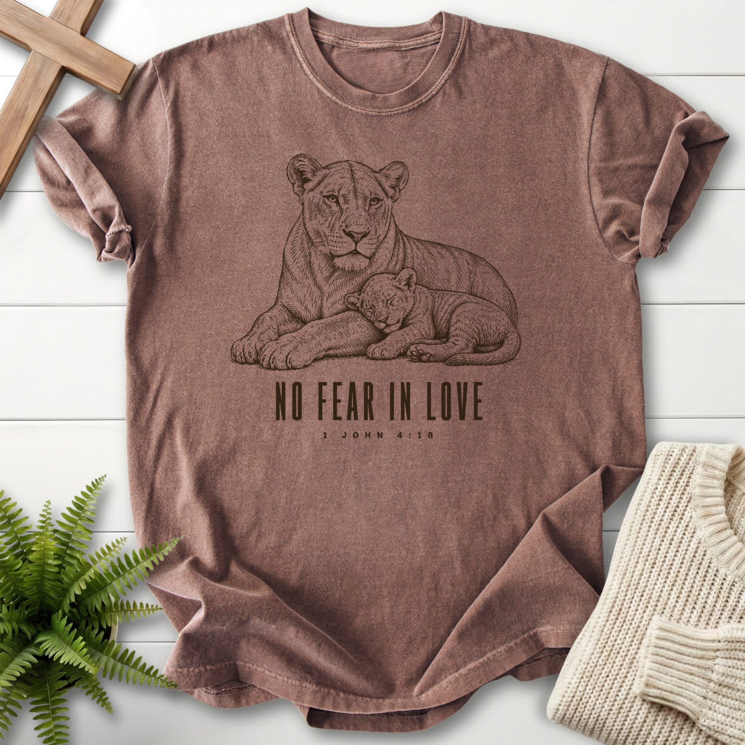 Espresso color option for the No Fear in Love women's Christian tee with "No Fear in Love T-Shirt" 1 John 4:18.