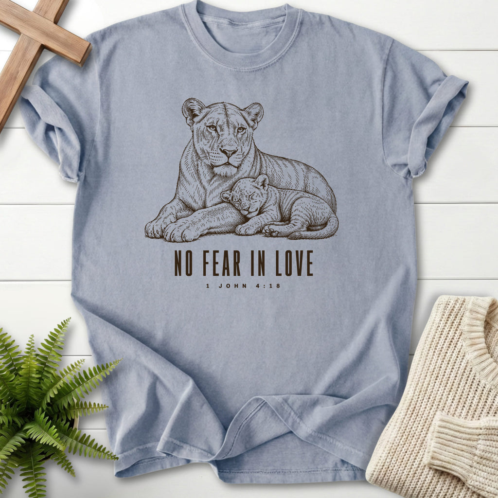 Flat lay of a Granite faith-inspired shirt featuring "No Fear in Love T-Shirt" 1 John 4:18.