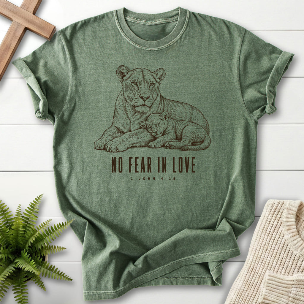 Moss color option for the No Fear in Love Christian t-shirt for women with "No Fear in Love T-Shirt" 1 John 4:18.