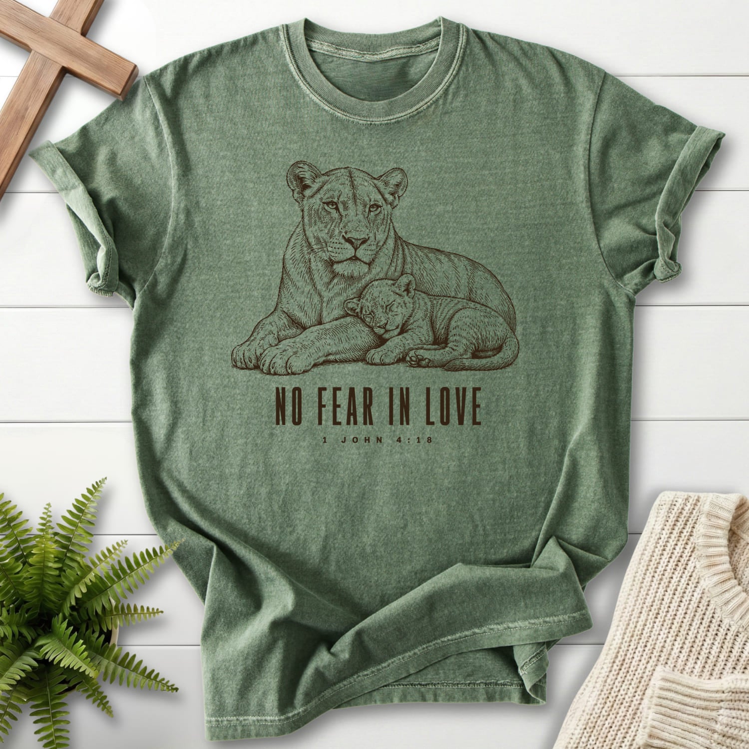 Moss color option for the No Fear in Love Christian t-shirt for women with "No Fear in Love T-Shirt" 1 John 4:18.