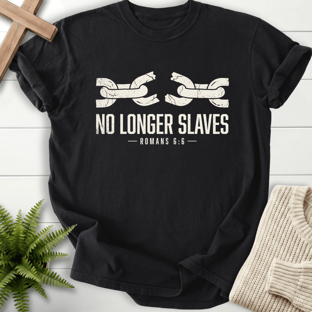 No Longer Slaves Romans 6:6 T-Shirt in Black | She Wears Faith