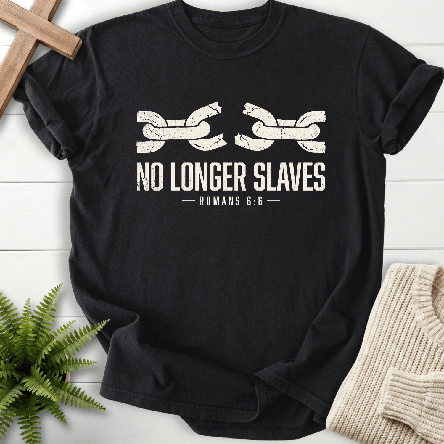 No Longer Slaves Romans 6:6 T-Shirt in Black | She Wears Faith