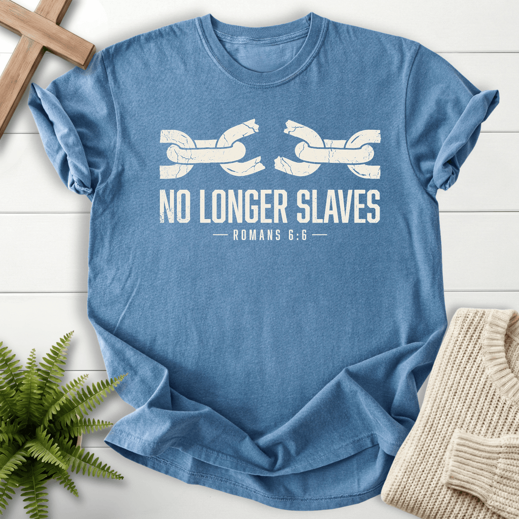 No Longer Slaves Romans 6:6 T-Shirt in Blue Jean | She Wears Faith